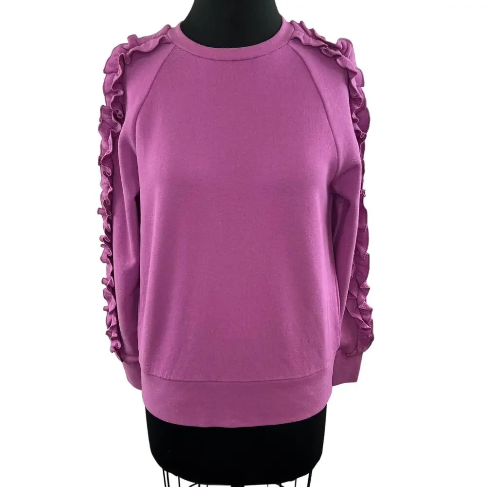 KATE SPADE Pink Pansy Long Sleeve Cotton Ruffle Pullover Sweater Top Sz S Small